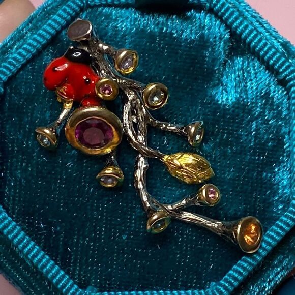 💛 Handmade 925 & 14k Yellow Gold Lady Bug Floral Gemstone Pendant - Picture 2 of 5